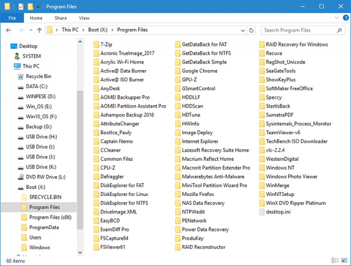 키의 윈도우 10 복구 도구에 내장된 프로그램들(Win PESE; 총 67개)