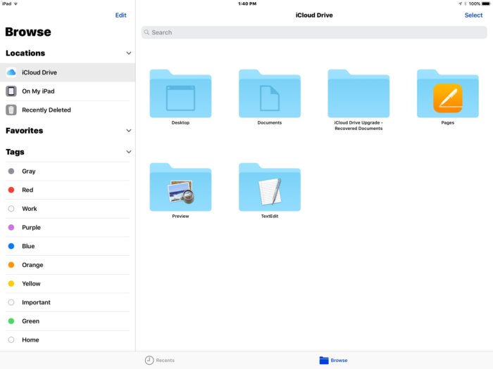 iOS 11의 파일 앱은 아이패드 사용자에게 더 전통적인 파일 파인더 기능을 제공한다. 