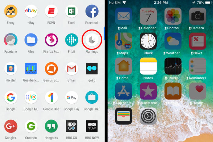 앱 타이머에 정해둔 제한 시간에 다다르면 안드로이드 앱 서랍 속 앱 아이콘이 흐려진다(왼쪽, 붉은색 동그라미). 애플은 아이콘을 흐리게 함과 동시에 모래시계가 표시된다. 